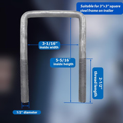 4 Pcs Hot Dipped Galvanized Square U-Bolts,1/2″ D X 3 1/16″ W X 5 5/16″ L,Boat T