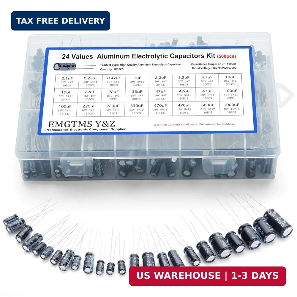 500pcs 24-Value Electrolytic Capacitor Assortment Kit (0.1uF-1000uF) | 10V 16V 2