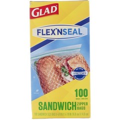6 Pack Glad FLEX N SEAL Sandwich Zipper Bags, 16.8 cm X 14.9 cm, 12 oz, 100 Ct