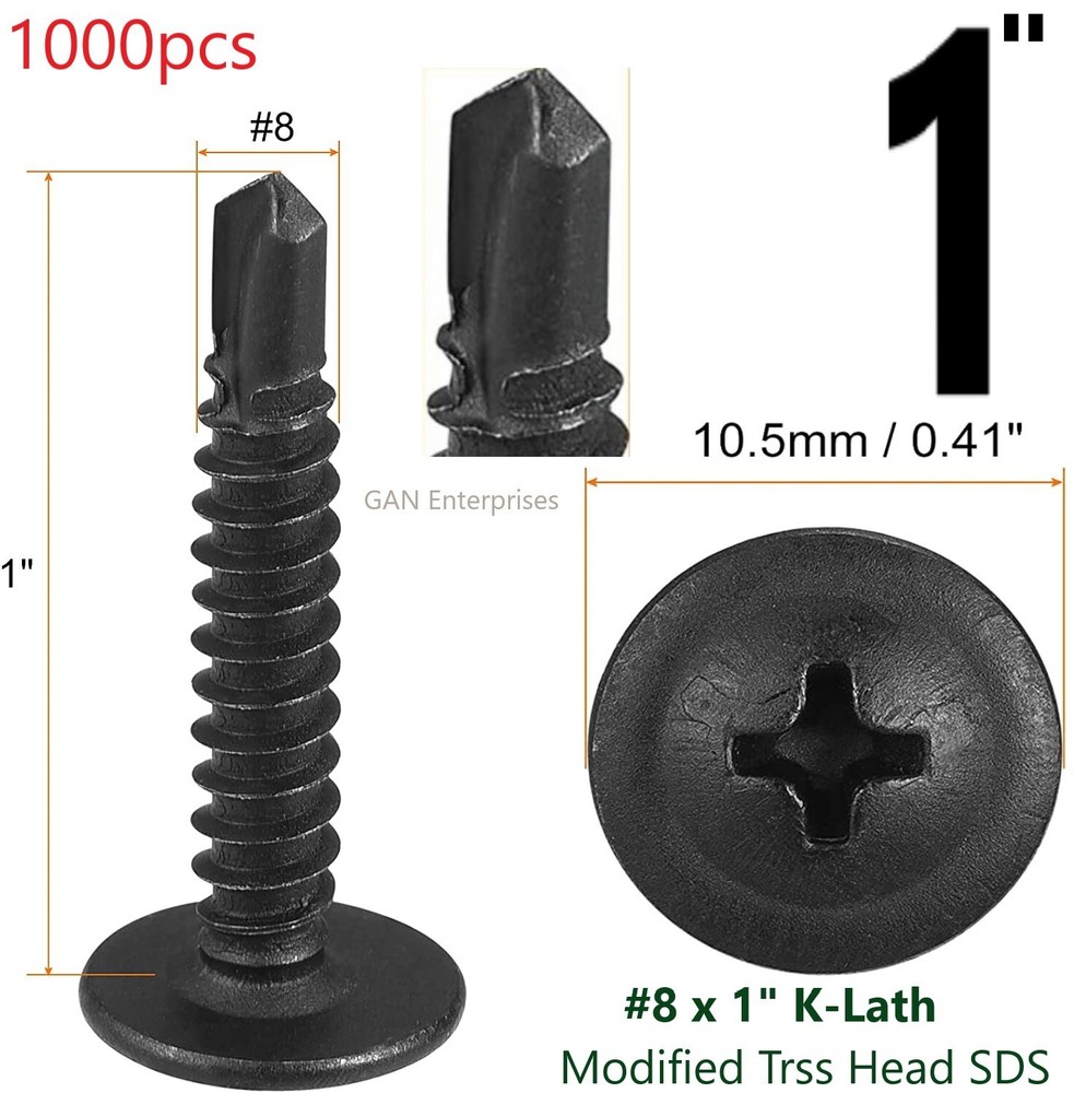 Modified Truss Head Self Drilling / Tapping Screws # 8 x 1″ K-Lath Black (1000)