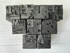 Vtg Type Set Print Block Letter Nautical Illustrated People Dining Cooking Scene