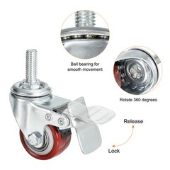 4pcs 1.5″ Swivel Threaded Stem Casters 3/8″-16UNC PU with Brake 88lbs Load Red
