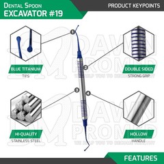 3 Pcs Spoon Excavator #19 Double Ended Blue Titanium Coated Dental Instruments