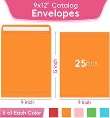 25 Pack Colored Mailing Envelopes, 9 X 12 Inches Self-Seal Colorful Manilla