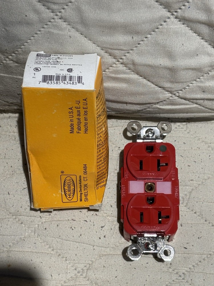 (1) Red Hubbell Duplex Receptacle HBL8300R 20A 125A 2P 3W Red Hospital Grade NEW