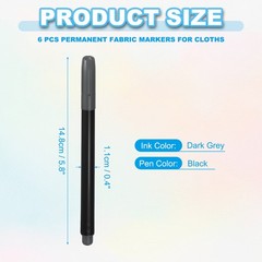 6 x Dark Grey Permanent Fabric Markers for Cloths Coloring Drawing