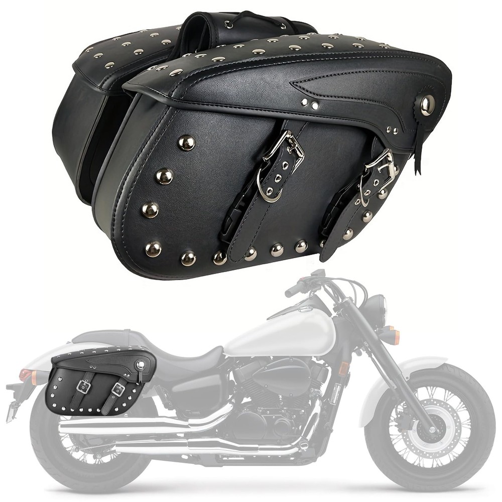 Motorcycle Saddlebags Studded Rivet 30L Water-Resistant PU Leather Quick-Release