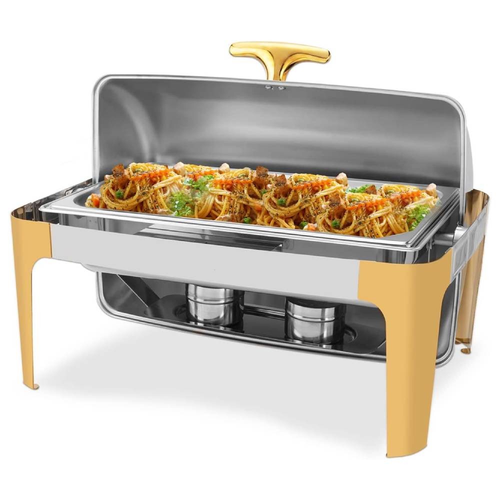 Elegant Gold Stainless Steel Roll Top Chafing Dish Set, 9 QT Buffet Server New