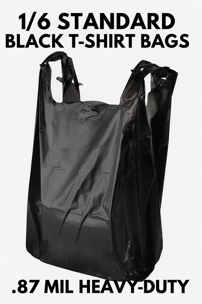 1/6 Black HDPE Plastic T-Shirt Bags 11.5×6.25×21″ Heavy-Duty .87mil Bulk