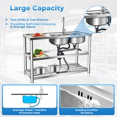 2 Compartment Commercial Sink Stainless Steel Kitchen Utility Sink w/ Prep Table