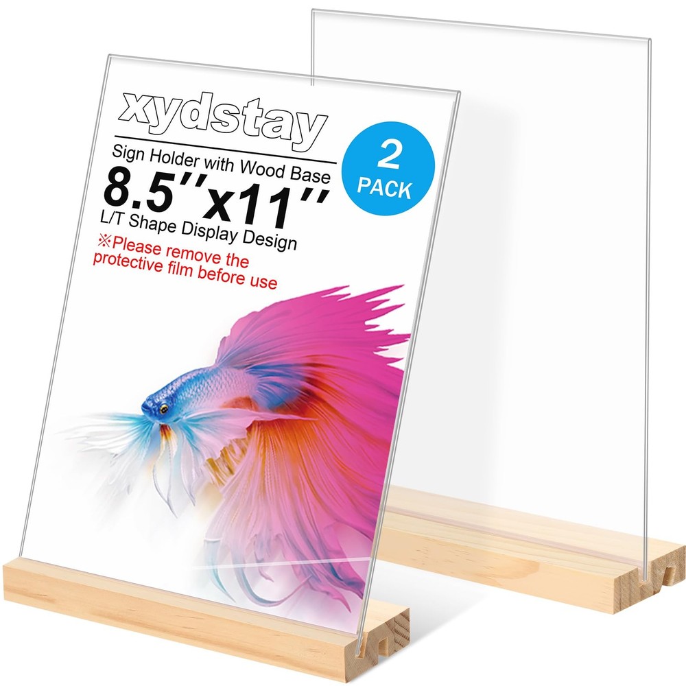 2pack 8.5×11 Acrylic Sign Holder with Wood Base for Picture Frames,L/T Shape …