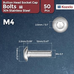 Kozelo 50pcs Button Head Socket Cap Screws – [M4-0.7x12mm] 18-8 Stainless Ste…