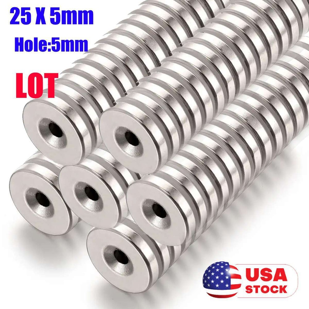 10 50 Strong Countersunk Ring Magnets 25mm x 5mm Hole 5mm Rare Earth Neodymium
