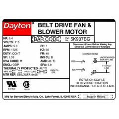 Dayton 5K907 Split-Phase Belt Drive Motor, 1/4 Hp, 48 Frame, 115V Ac Voltage,