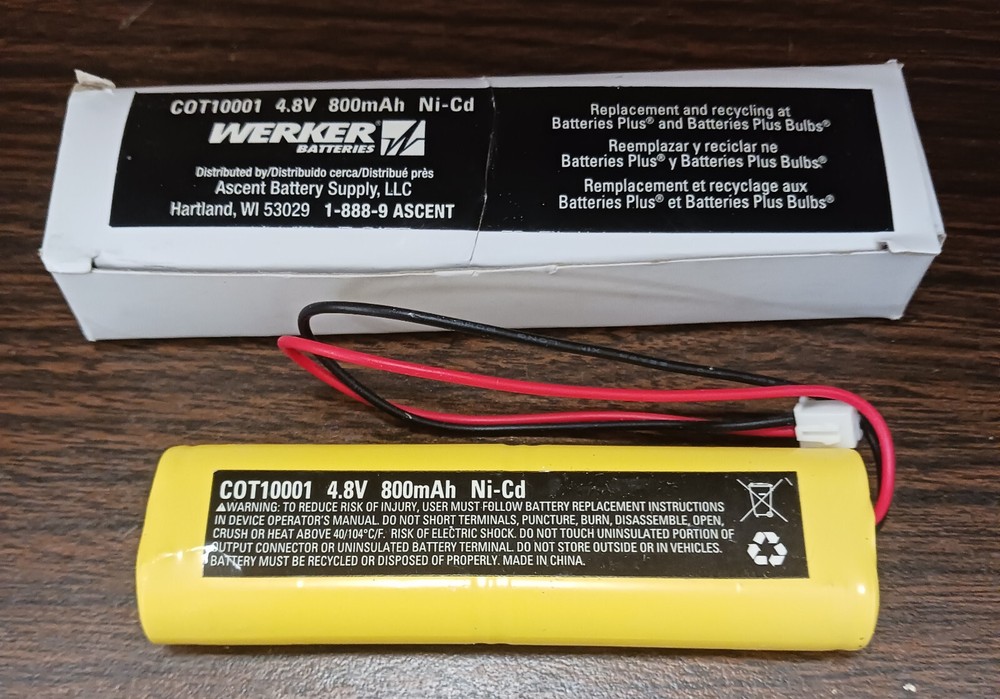 WERKER EMERGENCY EXIT SIGN BATTERY COT1001 4.8V, 800mAh Ni-Cd *Priority Mail