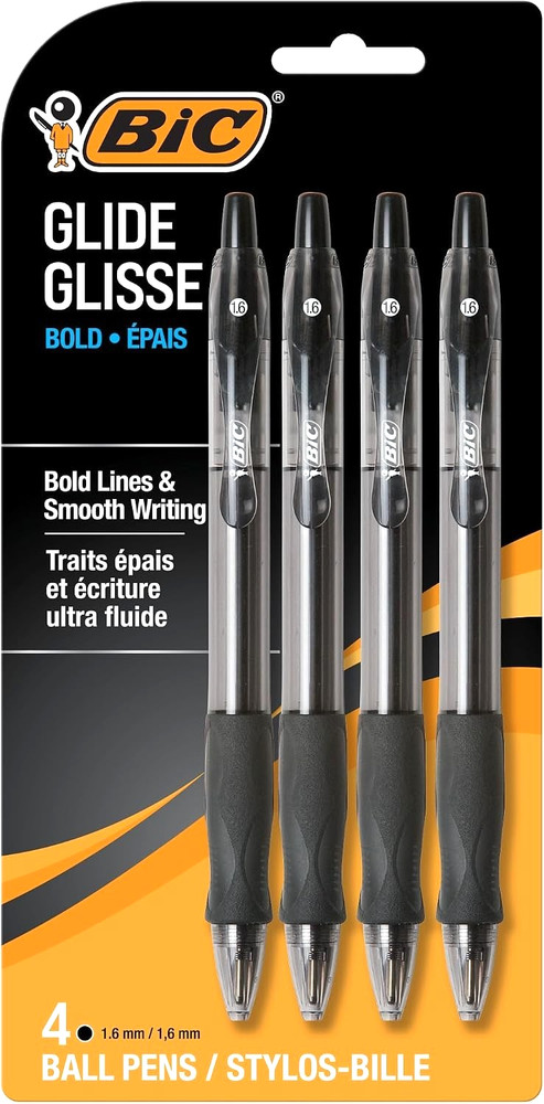 BIC Glide Bold Black Ballpoint Pens, Bold Point (1.6mm), 4-Count Pack, Retractab