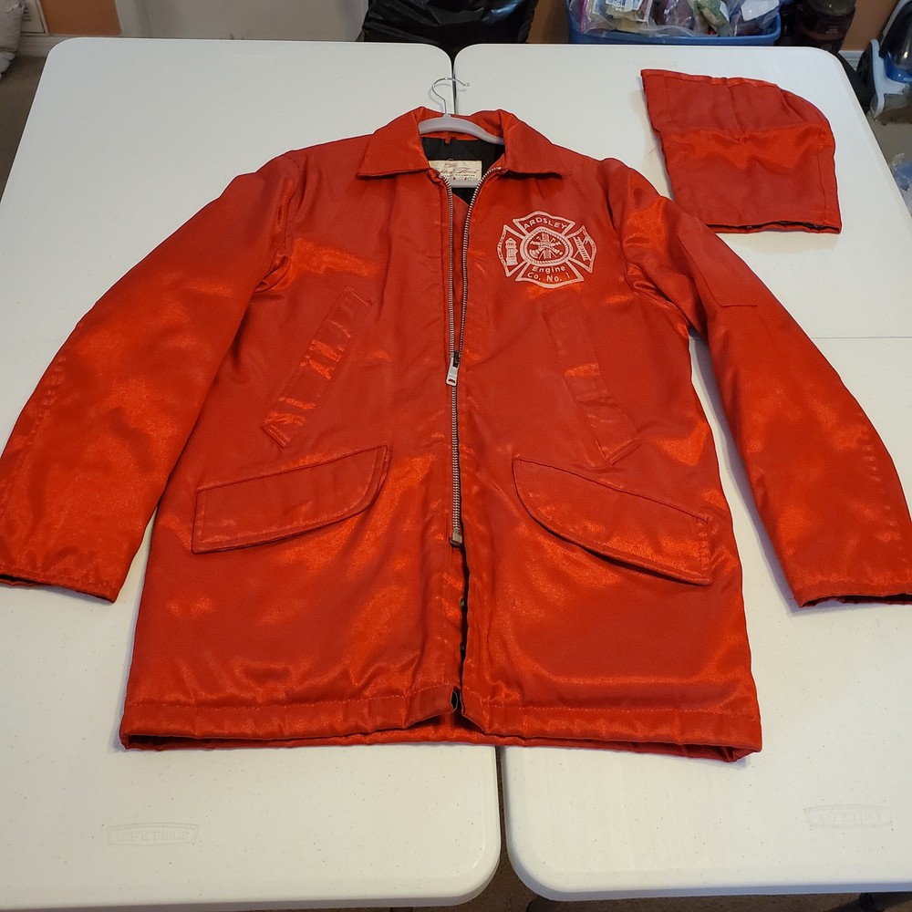 Vintage Ardsley New York Engine Co No. 1 Firefighter Jacket Coat Red USA w/ Hood