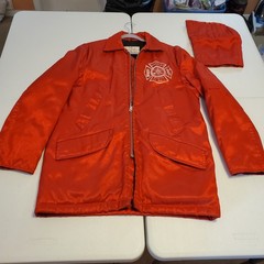 Vintage Ardsley New York Engine Co No. 1 Firefighter Jacket Coat Red USA w/ Hood