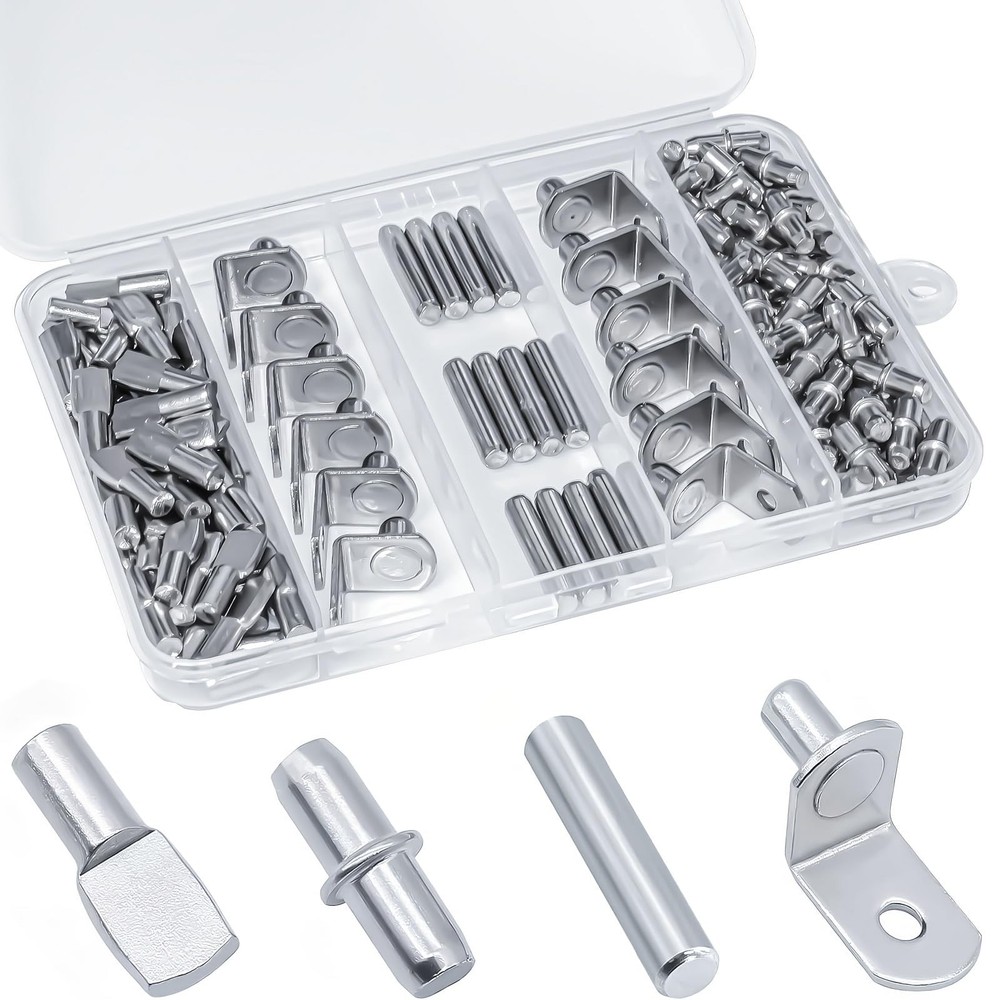 120Pcs Shelf Pins Kit,4 Styles Nickel Plated 5mm x 16mm, silvery
