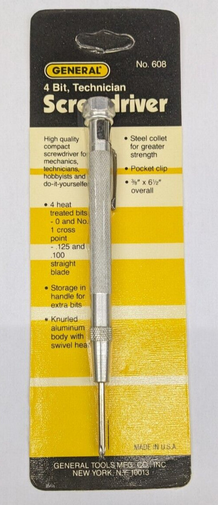 General 4-Bit Technician Screwdriver #0 #1 .100 .125 Knurled Handle No. 608 USA