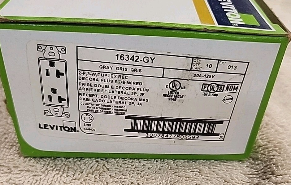 NEW LOT OF 10 LEVITON 16342-GY DUPLEX RECEPTACLES 20AMP, 125 VOLT, 2P, 3W, GRAY