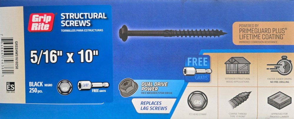 Grip-Rite Grip Rite Structural Screws Black – 5/16″ x 10″ – 250 COUNT – HEX
