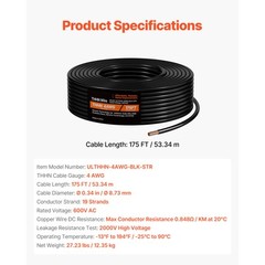 4 AWG THHN Wire 19-Stranded Black Copper Building Wire Nylon Jacket 175 ft 600V