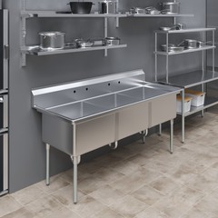 78 in. x 30 in. Stainless Steel Three Compartment Sink with 24 in. x 24 in. x 14