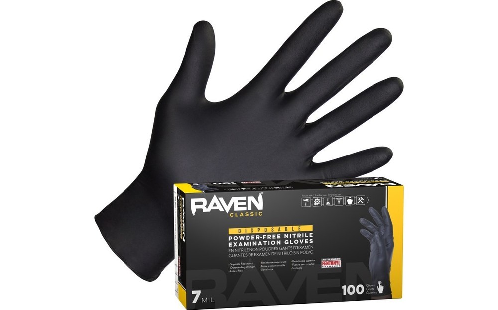 SAS Raven 7 Mil Black Nitrile Gloves Powder Free Exam Grade 100/Box All Sizes