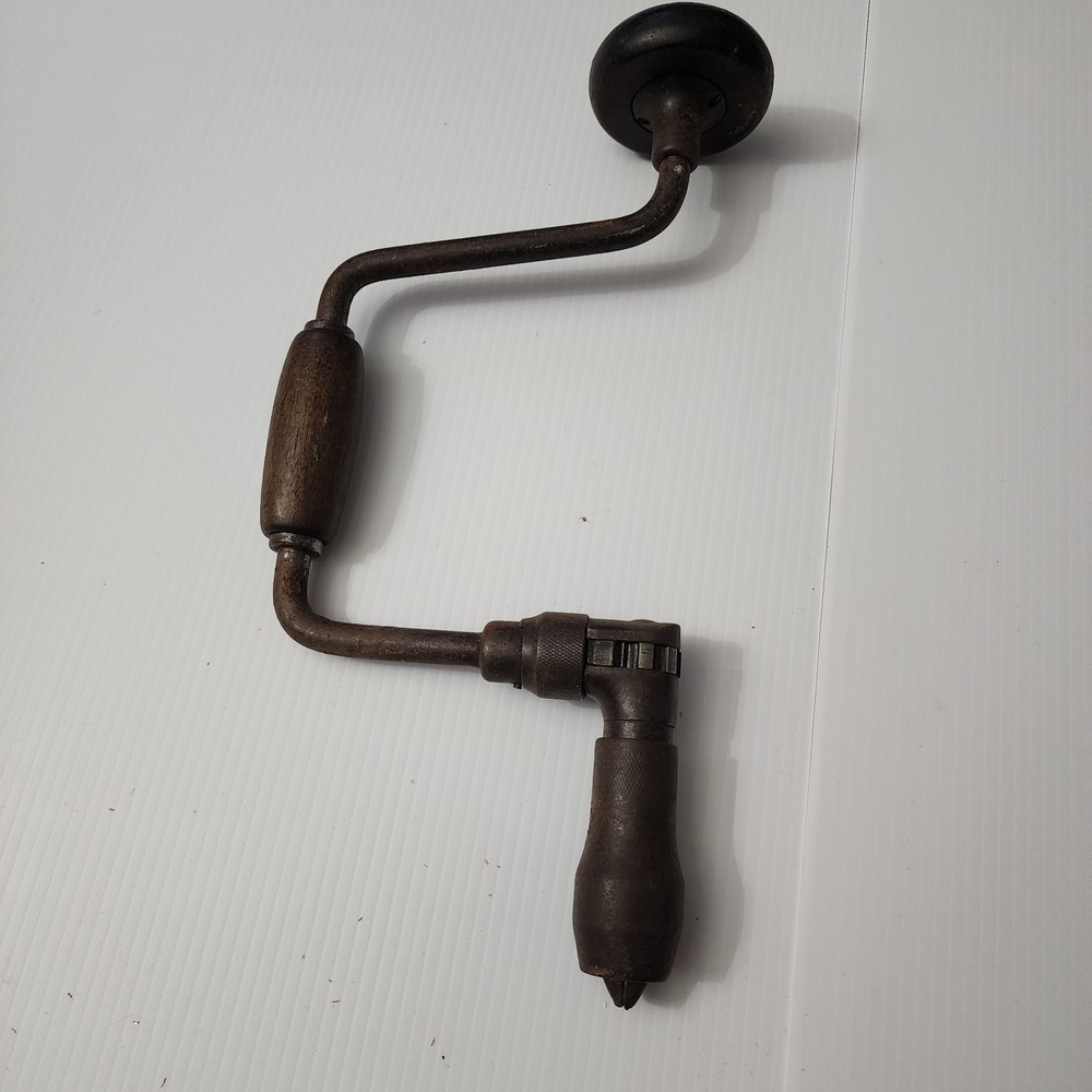 Vintage Hand Powered Bit Brace Drill With Wood Handles Ratcheting Mechanism
