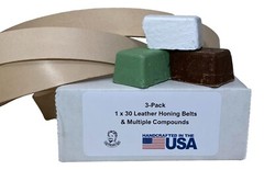 3 Pack of 1×30 Leather Honing Belts – Green, White, Brown Compounds Included