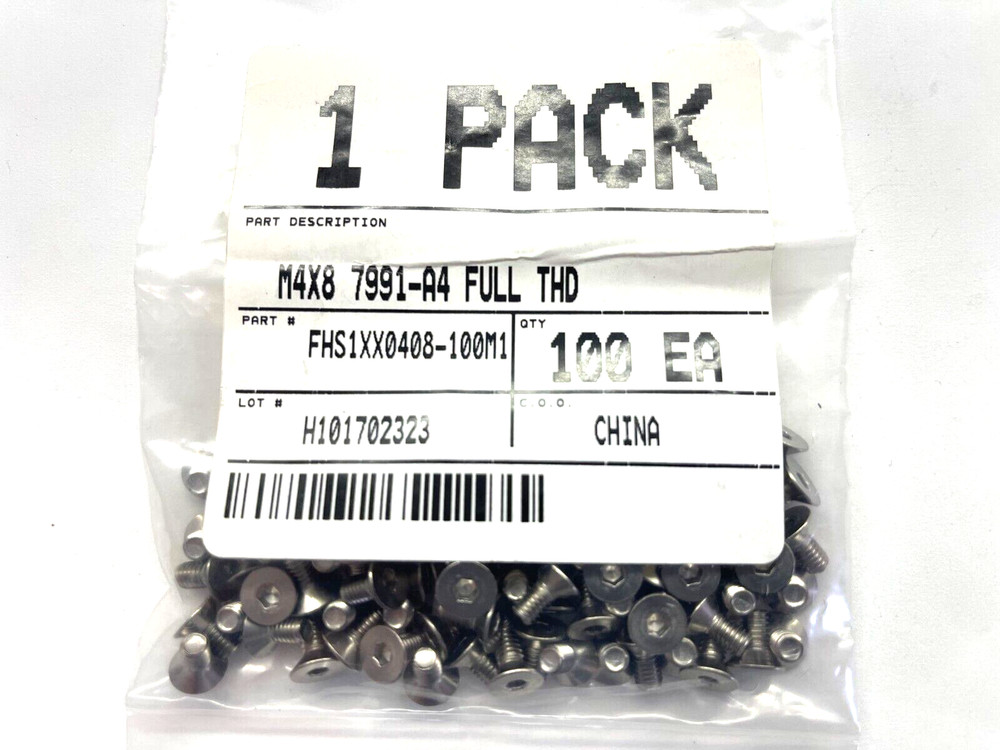 (100 PIECE LOT) 93395A251, 316 SS Hex Drive Flat Head Screw M4 x 0.70mm Thread
