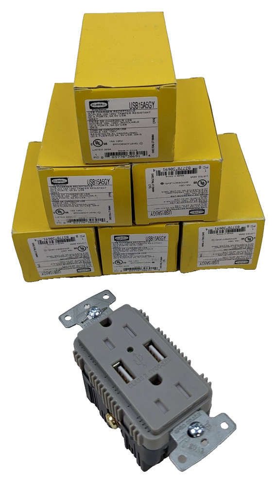 6 Hubbell USB15A5GY USB Charger Duplex Receptacle Tamper Resistant Gray 15A 125V