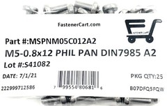 (25) M5-0.8 x12 Stainless Steel Phillips Pan Head Machine Screw DIN7985 A2 M5x12