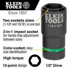 Klein 66066 2-in-1 Deep Impact Socket, 6-Point 1-1/8-Inch and 15/16-Inch