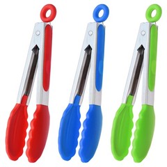 HINMAY Mini Tongs with Silicone Tips 7-Inch Serving 7-Inch, Red Blue Green