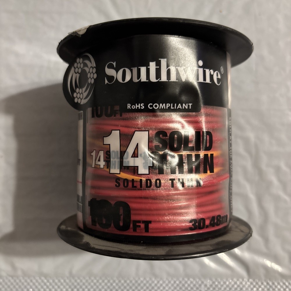 100 Feet 14 Awg Solid Copper THHN Wire (RED)