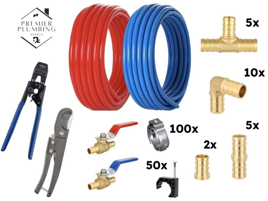 1/2″ Pex-B Pipe 2x50ft Rolls (Red+Blue) Clamp Fittings Crimper Plumbing Kit