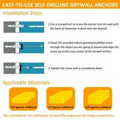 104 Pcs Wall Sheetrock Anchors And Screws Drywall Drilling Hanging And Mounting