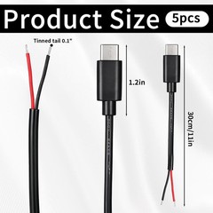 5 Pcs USB C to 2 Pin Bare Wire Open End Power Cable 11inch 24AWG USB Type C M…