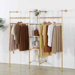 Gold Industrial Pipe Clothing Rack with Shelves – 4 Tier Steampunk Design