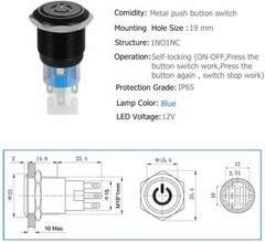 19mm 12V LED Power Symbol ON-OFF Car Push Button Switch Latch Metal Toggle SPDT