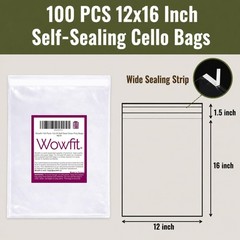 Wowfit 100 Count 12×16 Inch Clear Cellophane Plastic Bags Resealable Self