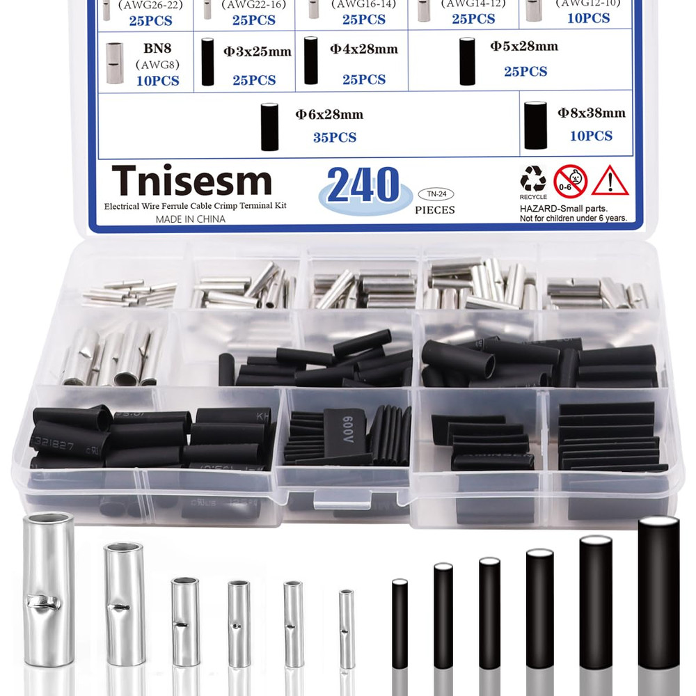 240 Pcs Non-Insulated Butt Connectors Assortment Kit,Seamless Uninsulated Butt C