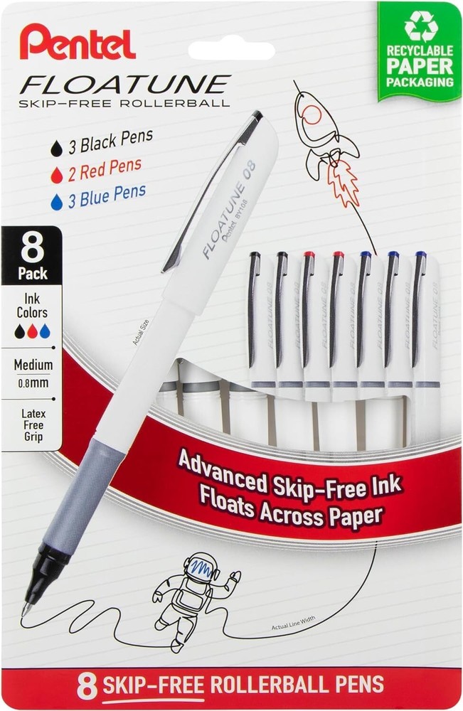 Pentel Floatune Skip Free Rollerball, 0.8mm Medium point, Black Red and Blue Ink