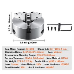 Uimoso 8” 3-Jaw Self-Centering Lathe Chuck for Grinding and Drilling