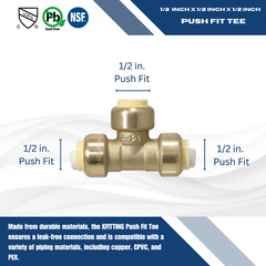 10) 1/2″ Push-Fit Tee w. 1 Free Removing Clip, Lead Free Brass