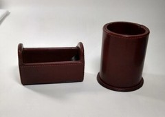 Desk Set 3 Piece ? FAUX LEATHER brown pen note pencil business card holders READ