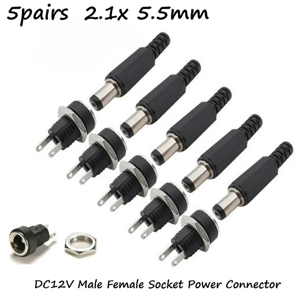 5 Pair DC 12V Male Female Socket Panel Mount Barrels Jack Plug Power Connector F