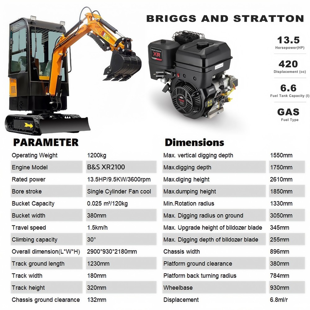 1.2Ton Enclosed Cabin Mini Excavator 13.5hp Gas Tracked Crawler B&S EPA Engine